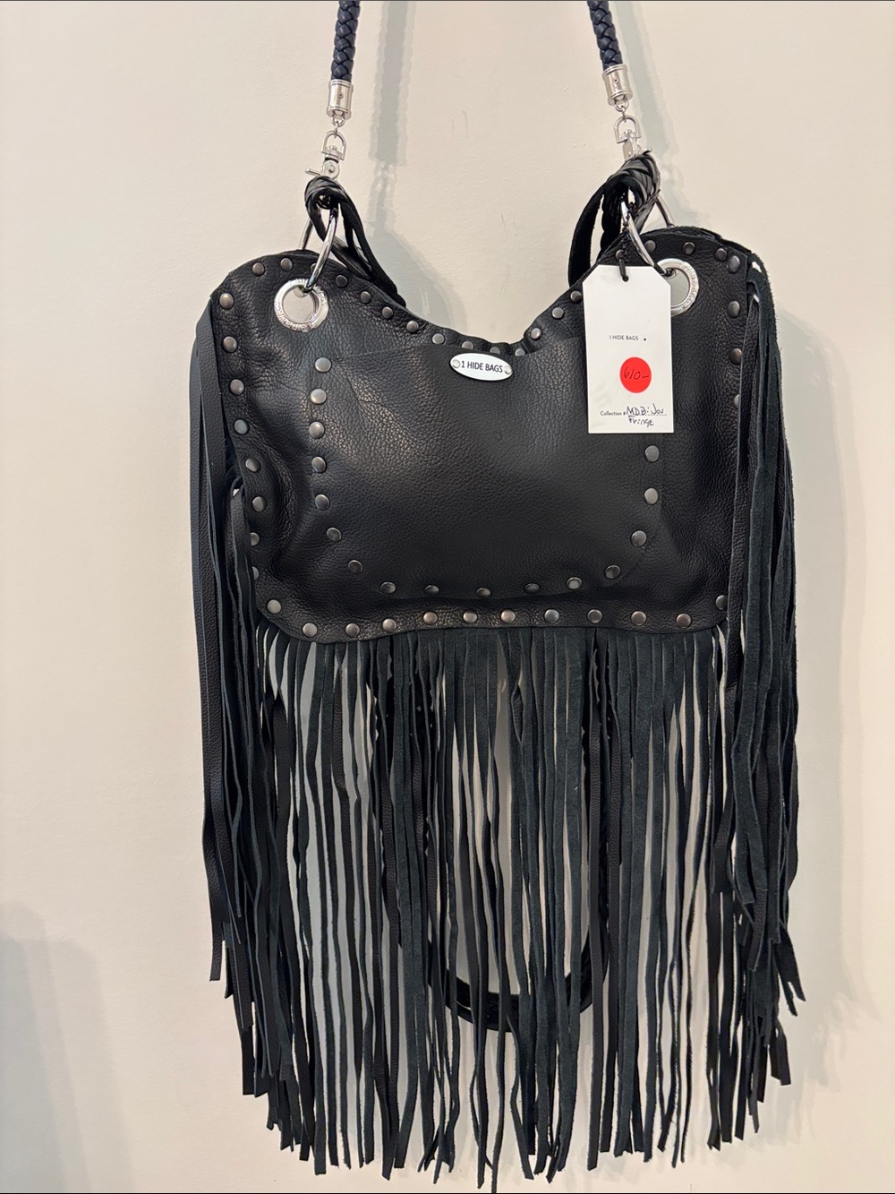 Fringed Black Shoulder Bag with Braided Strap